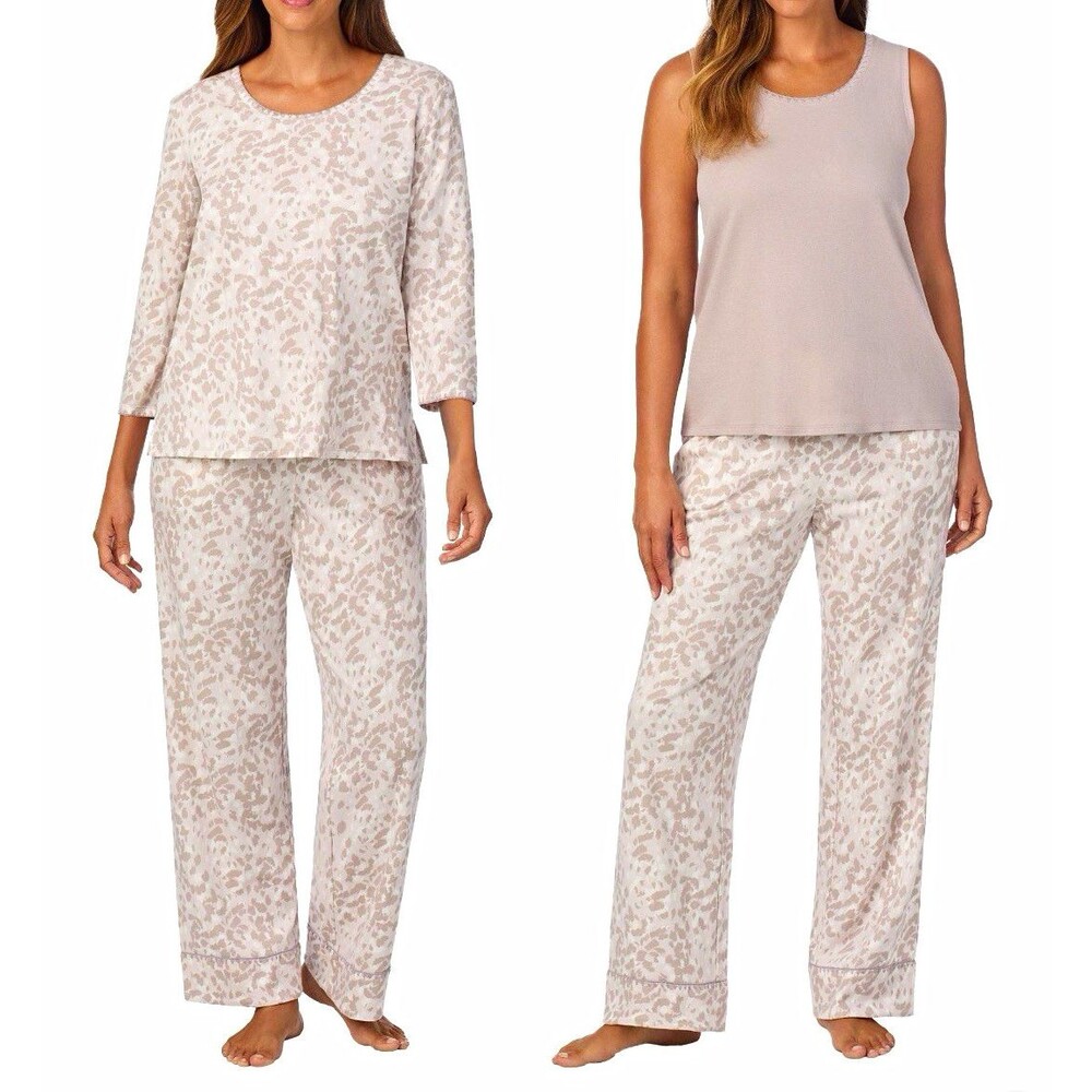 Carole Hochman 3-Pc 100% Cotton Knit Animal Print Pajama Set Pockets S Cream